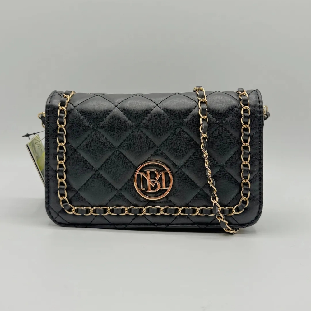 Badgley Mischka Black Quilted Crossbody Bag with Gold Chain